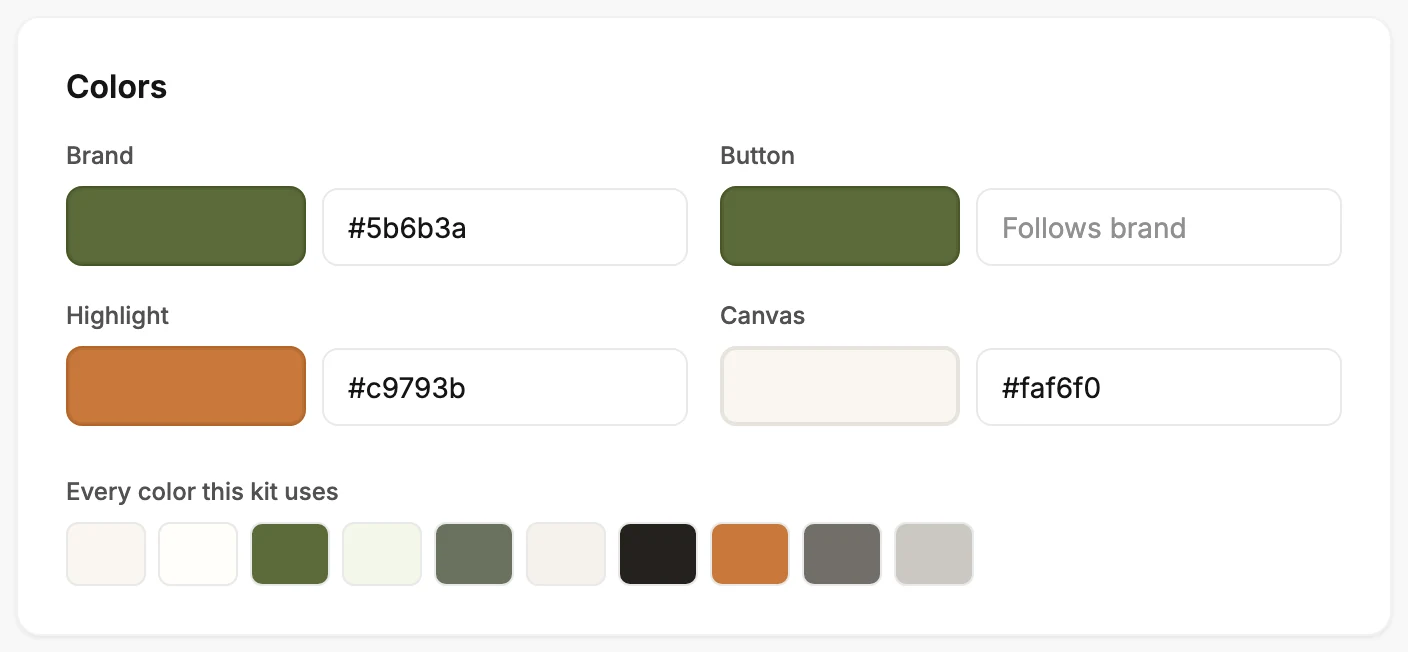 The Colors card: Brand, Button showing Follows brand, Highlight, and Canvas, each with its hex code, above Every color this kit uses.