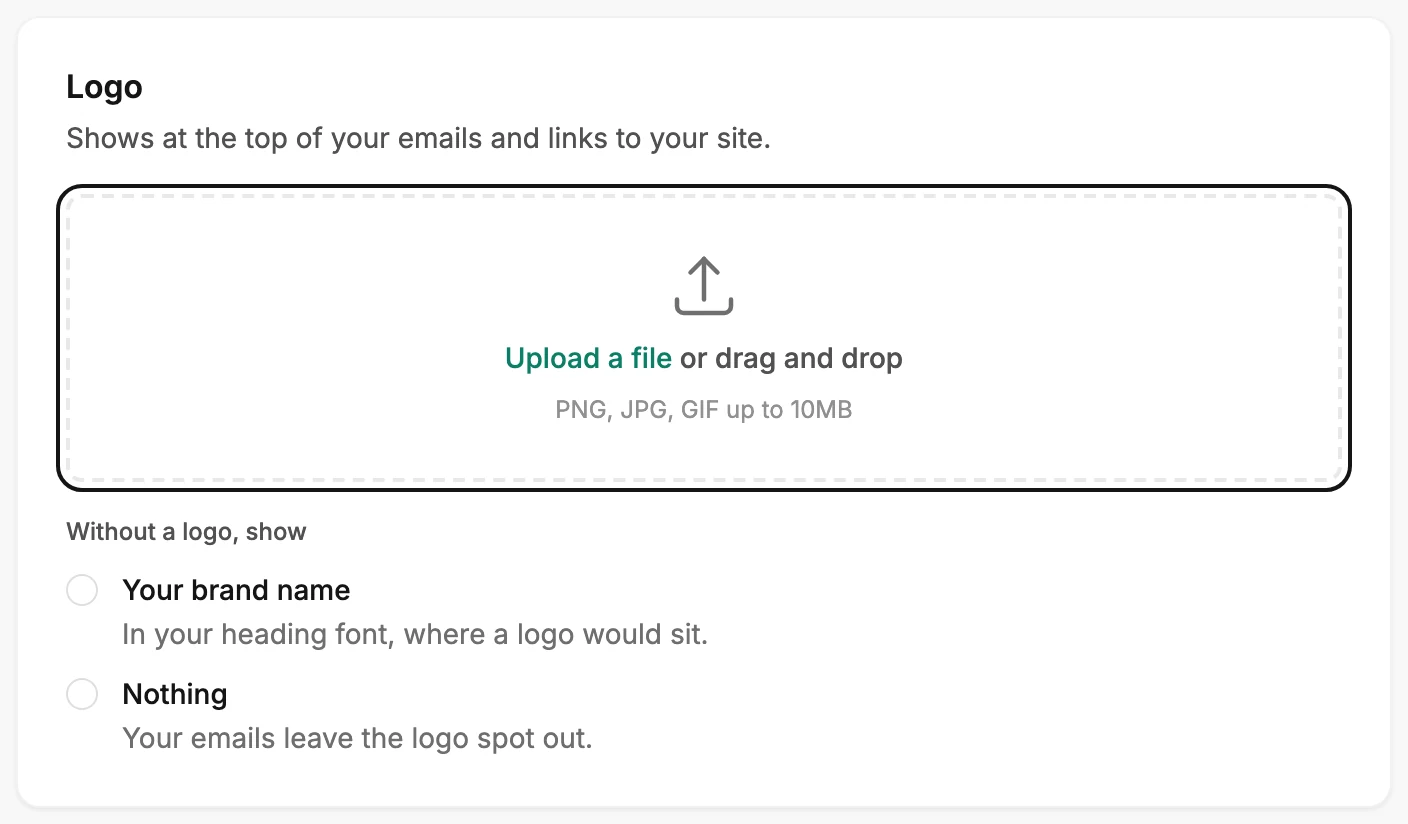 The Logo card: the ringed upload box, Upload a file or drag and drop, above the Without a logo, show question.