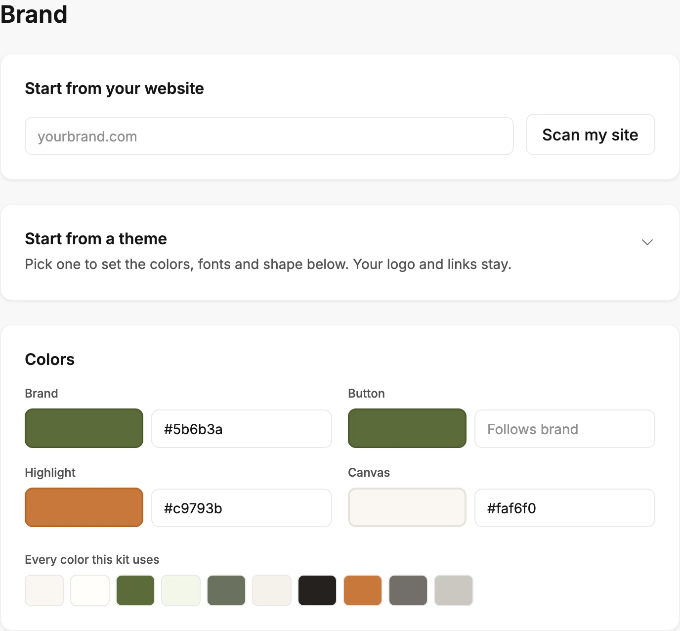The top of the Brand page: the Start from your website card, the Start from a theme card folded shut, then the Colors card.