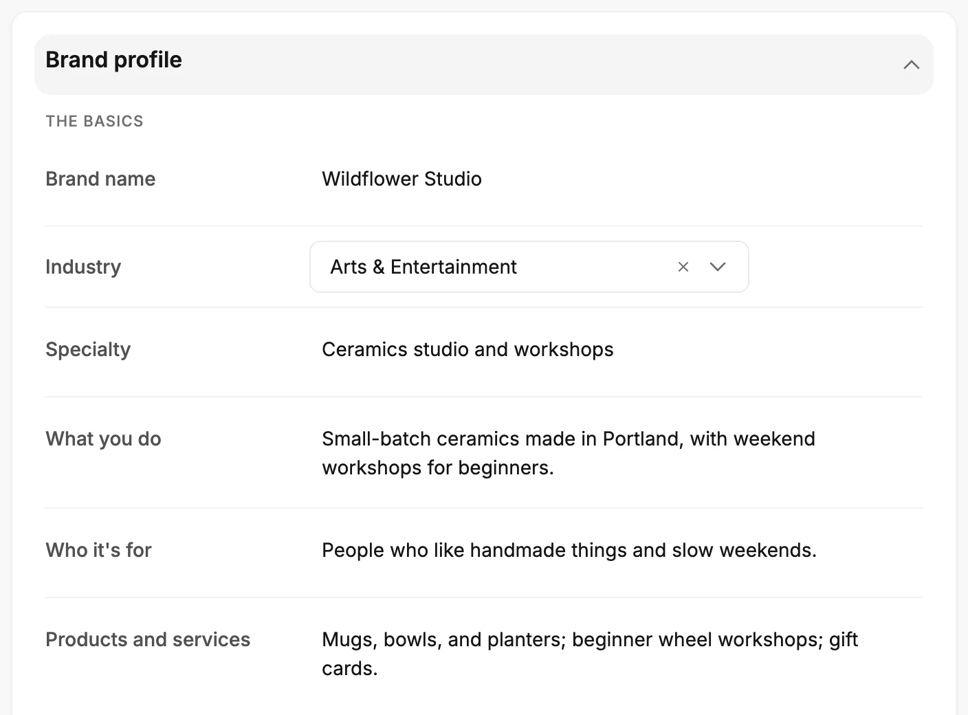 The Brand profile card open, showing The basics group: Brand name, Industry, Specialty, What you do, Who it's for, and Products and services.
