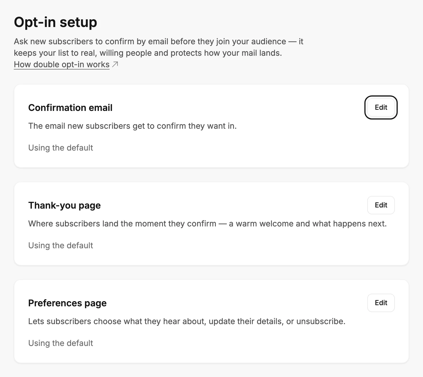 The Opt-in setup page and its three cards. The first card's button is ringed.