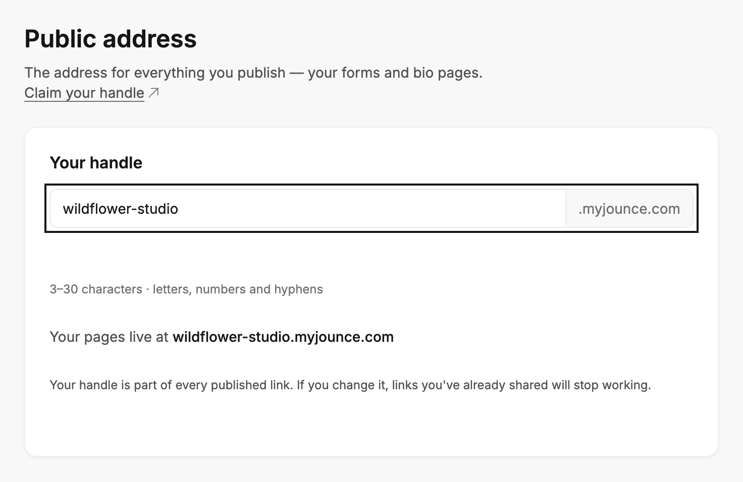 The Public address page with the handle box ringed, its .myjounce.com ending, the character rule, and the line Your pages live at.