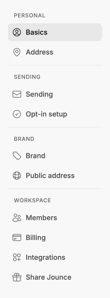 The Settings list with its four groups, Personal, Sending, Brand, and Workspace, and Basics selected.