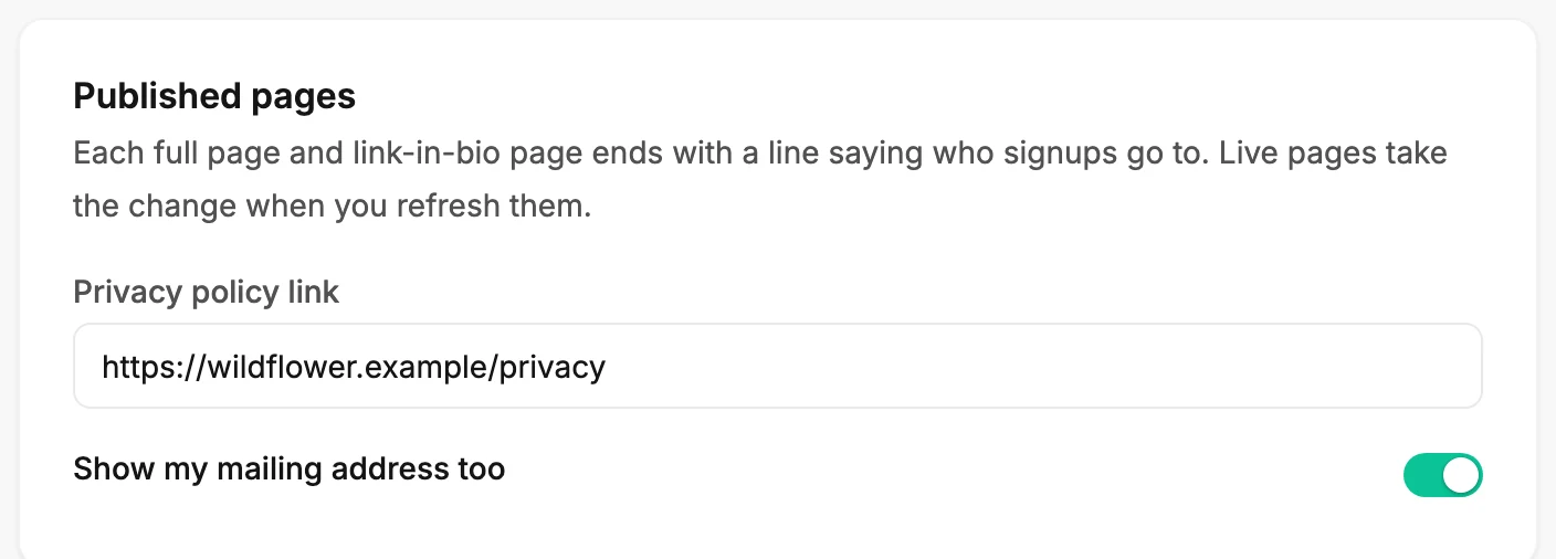 The Published pages card, with a privacy policy link filled in and Show my mailing address too switched on.