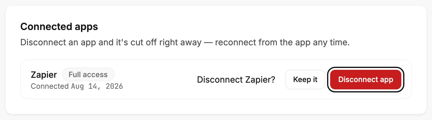 The Connected apps row asking Disconnect Zapier?, with Keep it first and the red Disconnect app ringed after it.