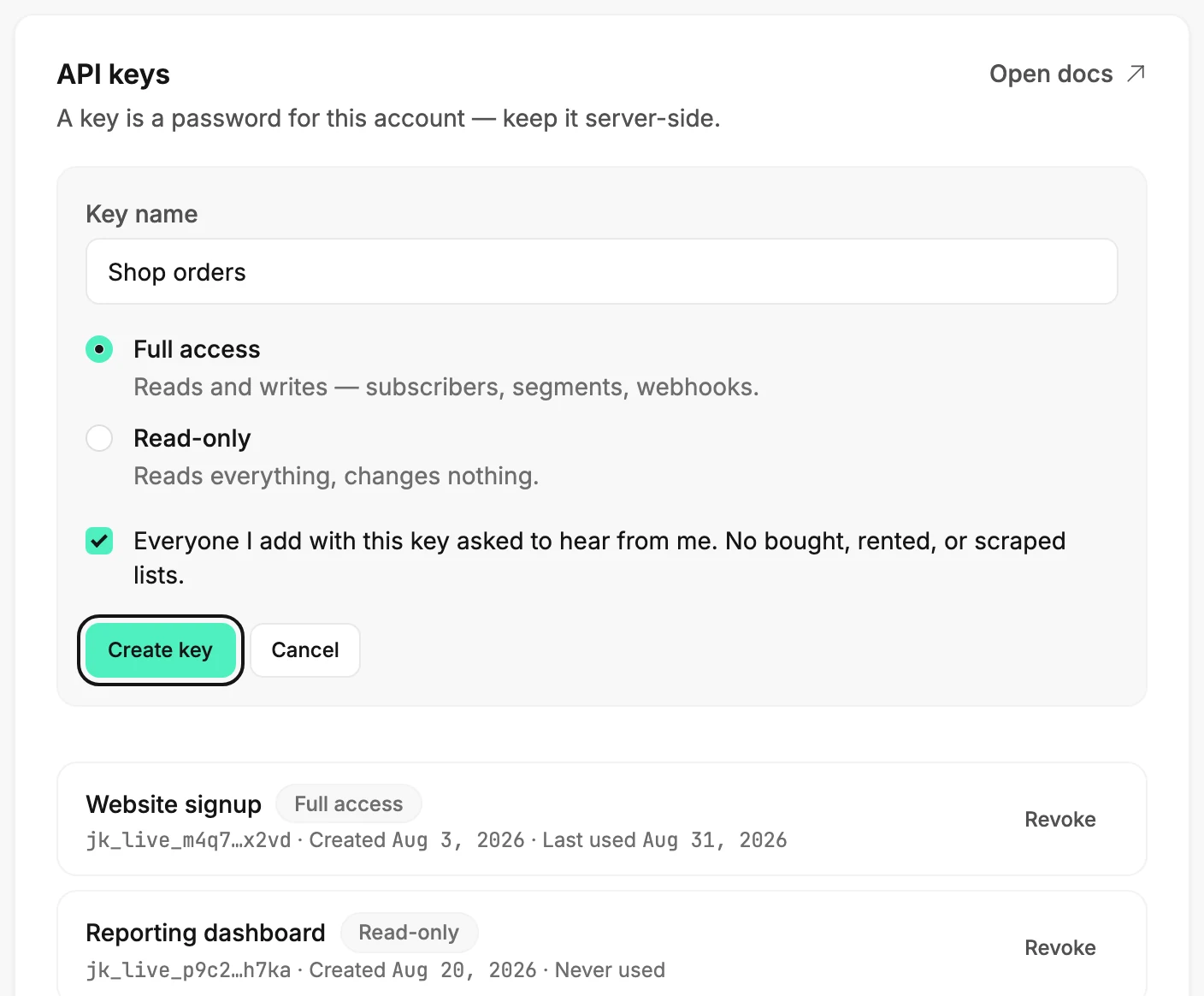 The create form with the key named Shop orders, Full access chosen, the permission statement ticked, and Create key ringed.