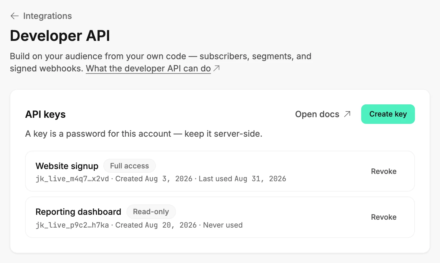 The Developer API page: the API keys card with Open docs, Create key, and two keys listed with their badges and dates.