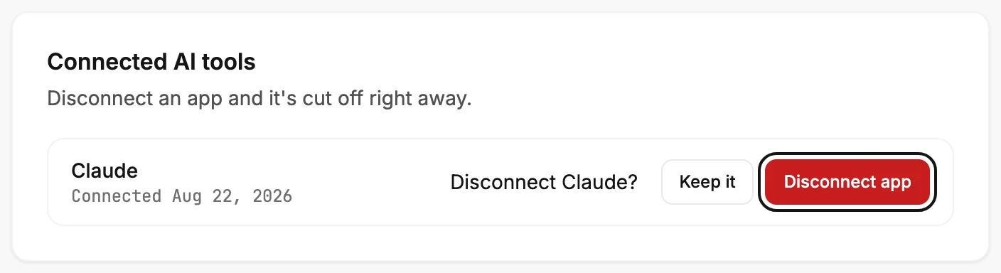 The Connected AI tools row asking Disconnect Claude?, with Keep it first and the red Disconnect app ringed after it.