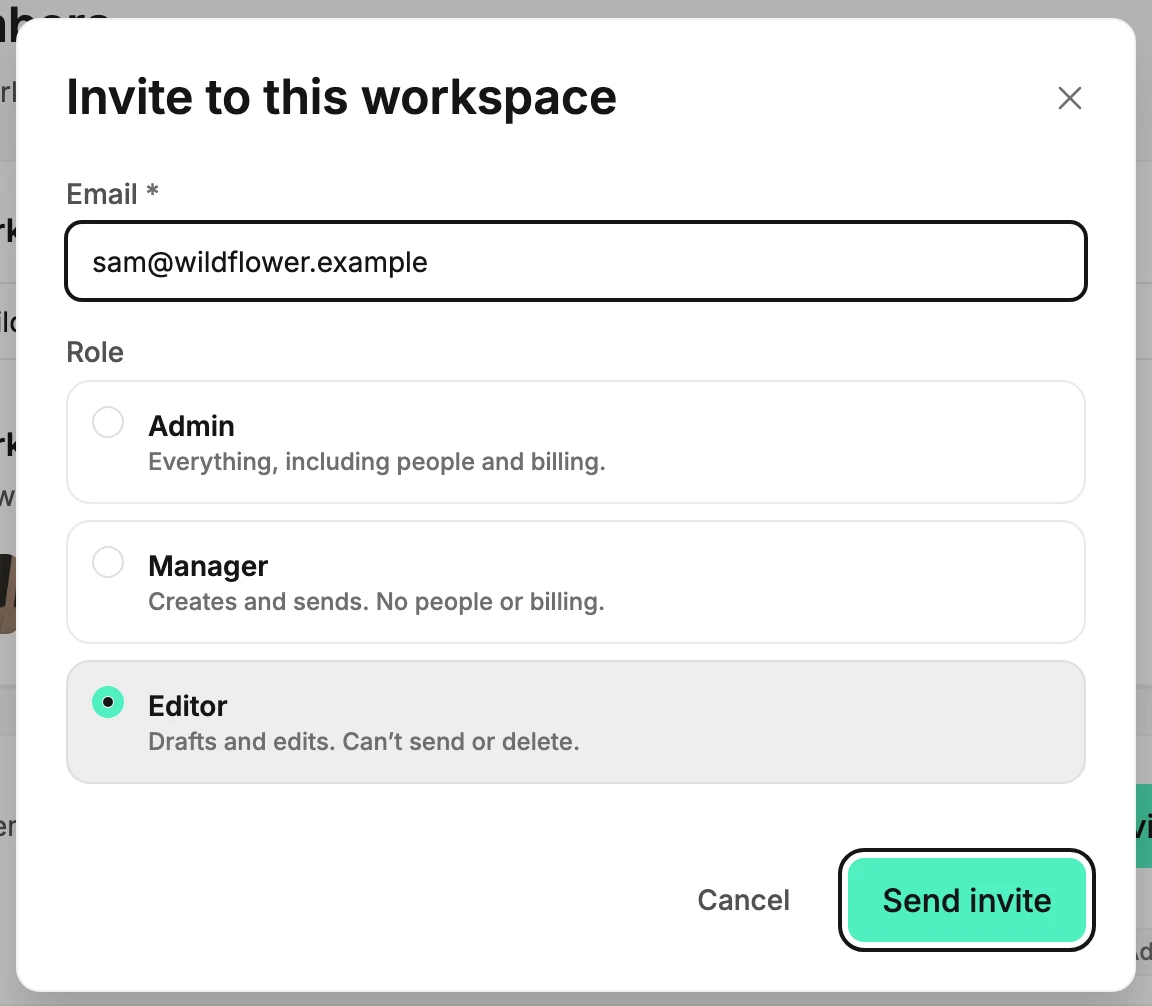 The Invite to this workspace dialog, with the email field, the three roles, and Send invite ringed.