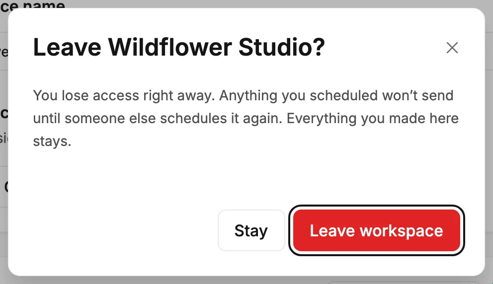 The Leave confirmation, naming the workspace and what happens, with Leave workspace ringed.