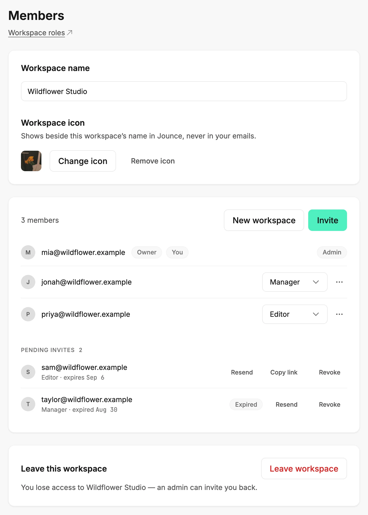 The Members page for an Admin: the name and icon card, the member list with role menus and three dots, pending invites, and the Leave card.