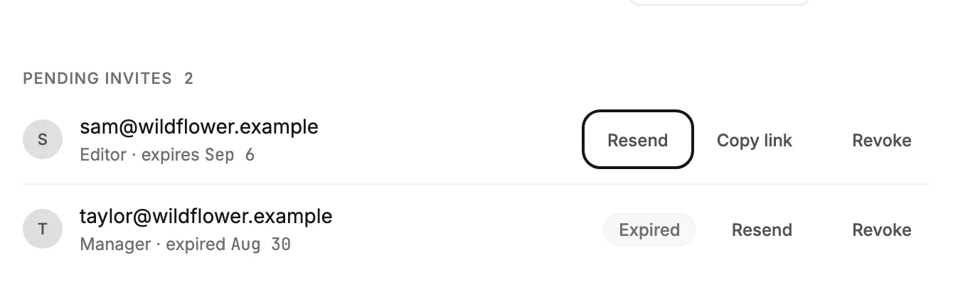 The Pending invites list with a live invite and an expired one, and the Resend button ringed.