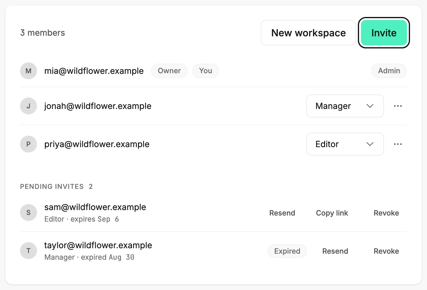 The Members page with its member list, the New workspace button, and the Invite button ringed.