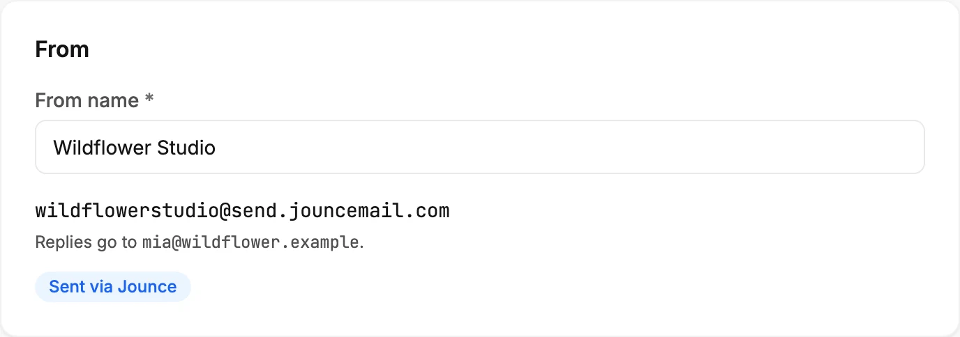 The From card on the Sending page for a workspace without its own domain, showing the address at send.jouncemail.com, where replies go, and a Sent via Jounce badge.