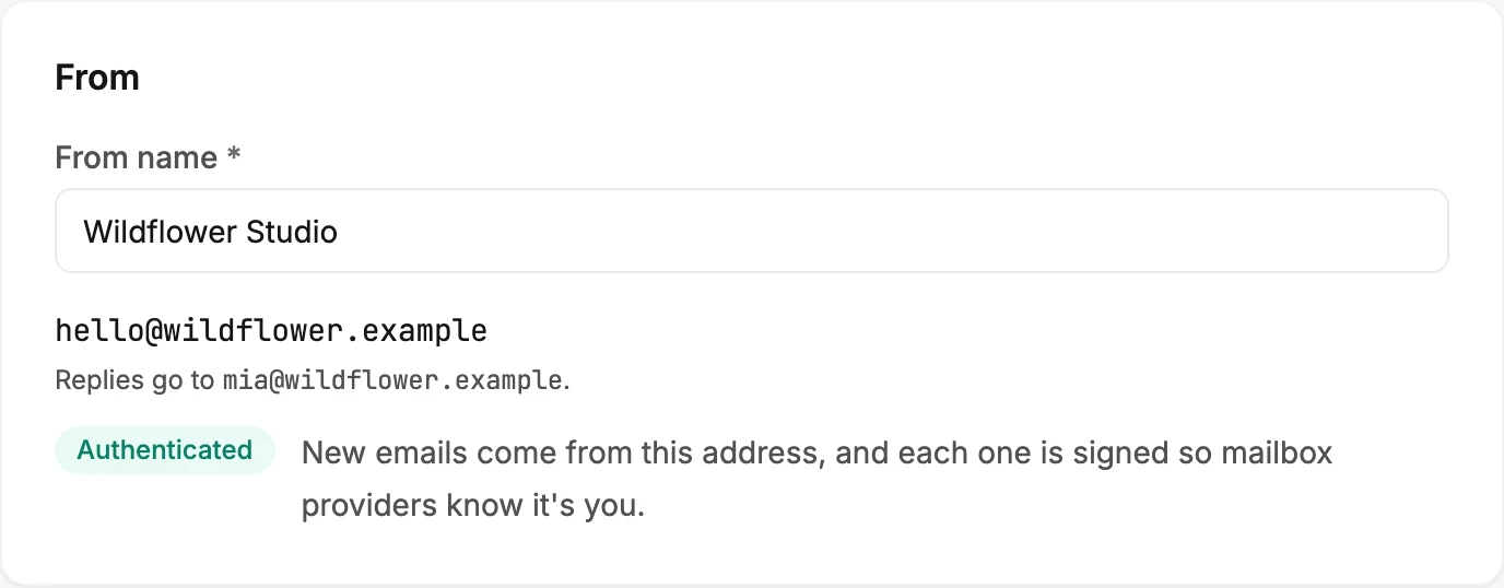 The From card on the Sending page once a domain is set up, showing hello@ at the domain, where replies go, and an Authenticated badge.