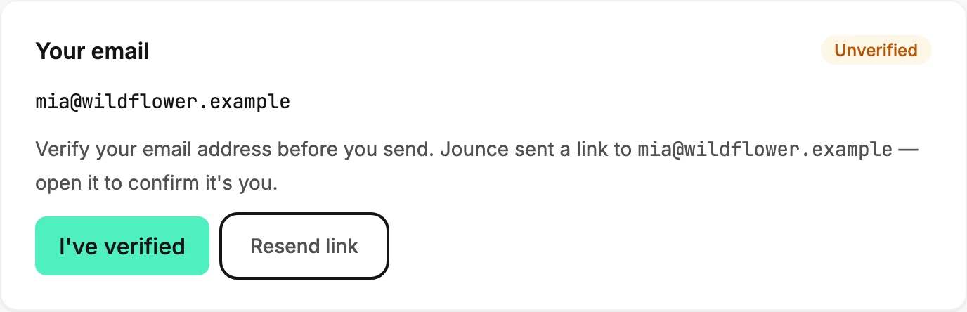 The Your email card on the Sending page, marked Unverified, with the I've verified and Resend link buttons.
