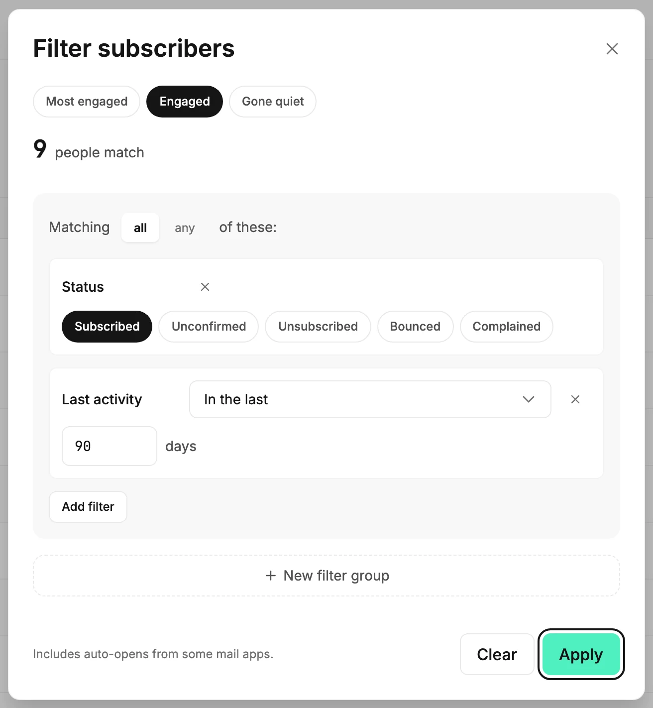 The Filter subscribers dialog with the Engaged preset picked, showing 9 people match above two filter rows and the Apply button.