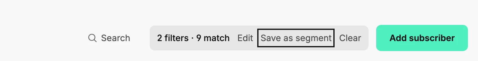 The line above the filtered list reading 2 filters · 9 match, with Edit, Save as segment, and Clear beside it.