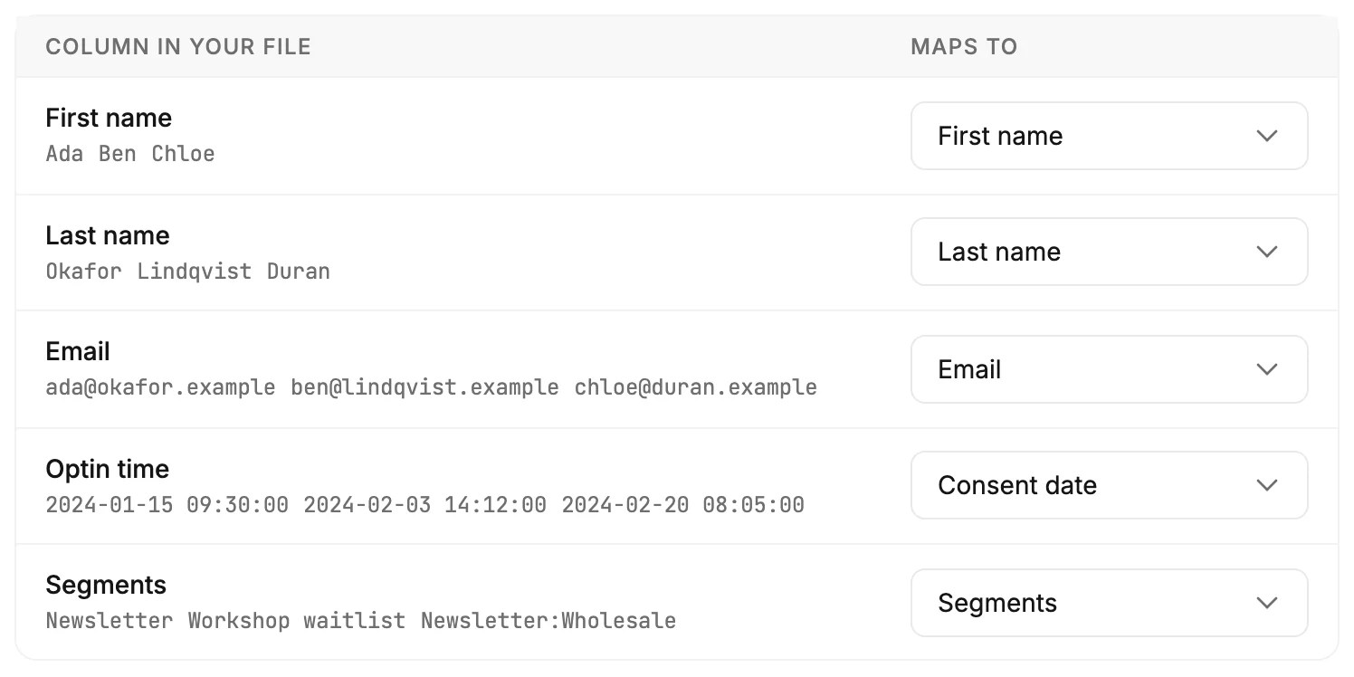 The Match your columns table, with a column from the file on the left and its Maps to field on the right.