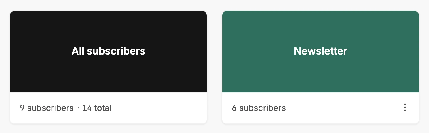 Two cards on the Segments page, All subscribers with 9 subscribers · 14 total, and Newsletter with 6 subscribers.