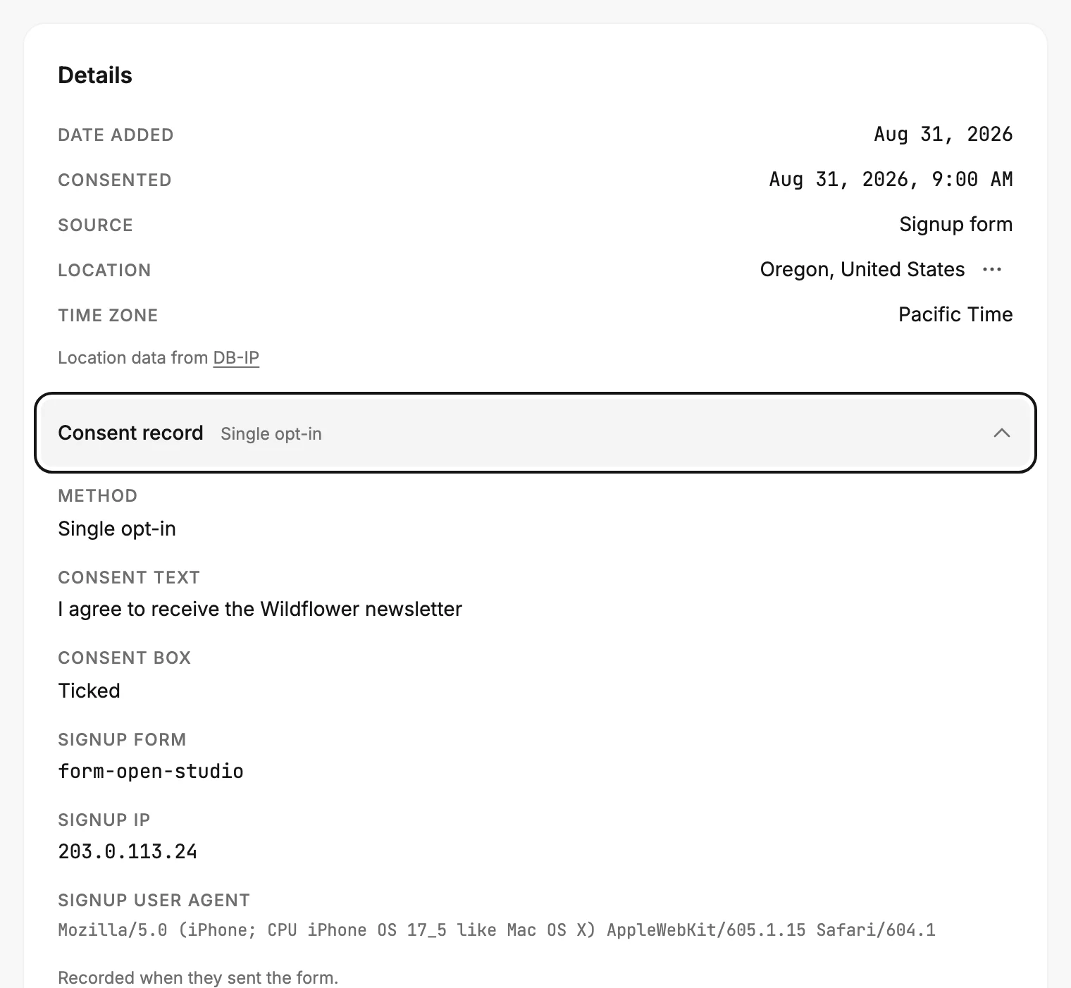 Priya Raman's Details card with the consent record open, showing Method, Consent text, Consent box, Signup form, Signup IP, and Signup user agent.