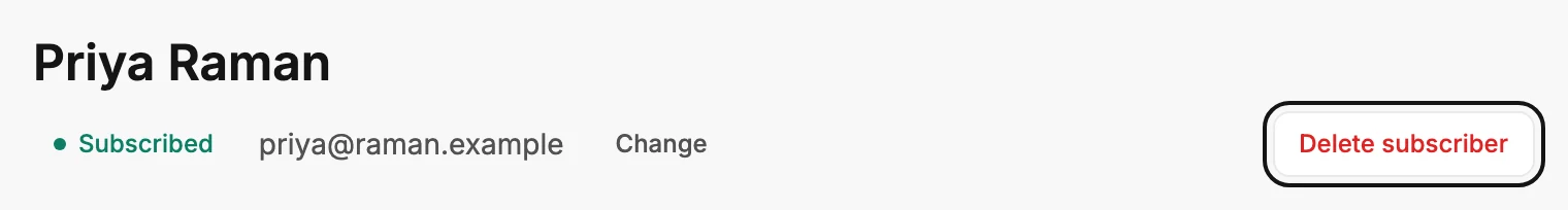 The top of Priya Raman's page, with her Subscribed label, address, and Change under her name and the Delete subscriber button ringed at the right.