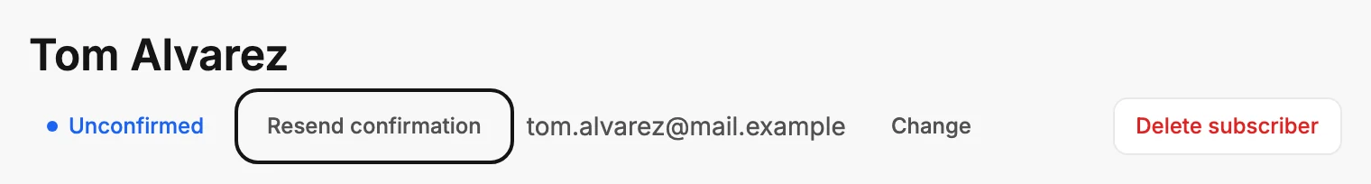 The top of Tom Alvarez's page, with Resend confirmation ringed beside his Unconfirmed label, then his address and Change, and Delete subscriber at the right.