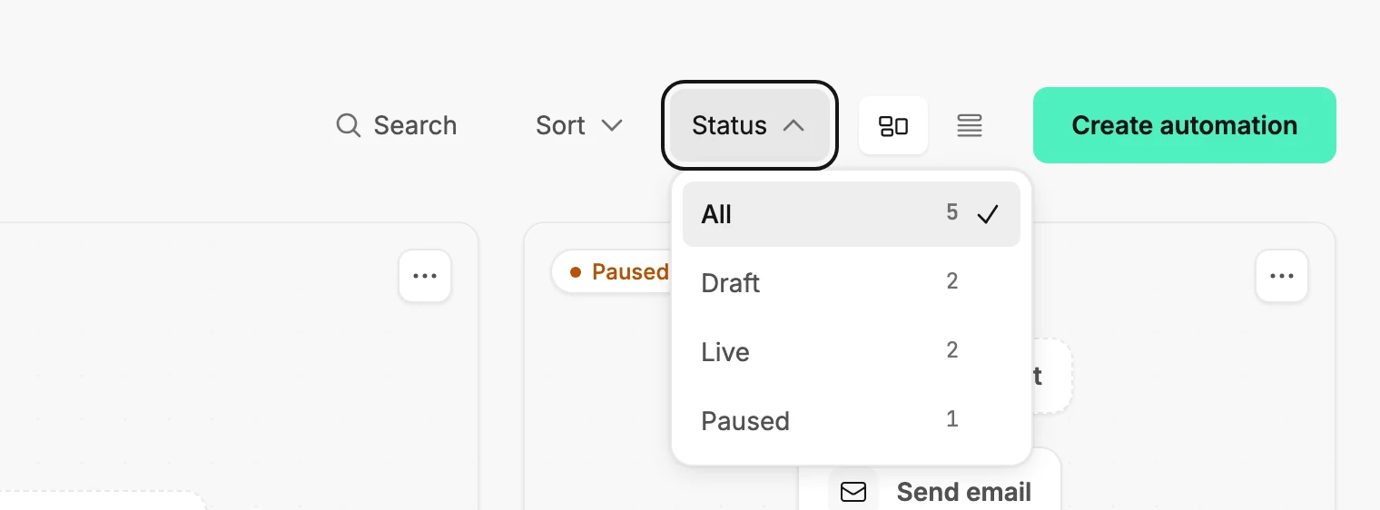 The Status menu above the automations, listing All, Draft, Live, and Paused with a count beside each.