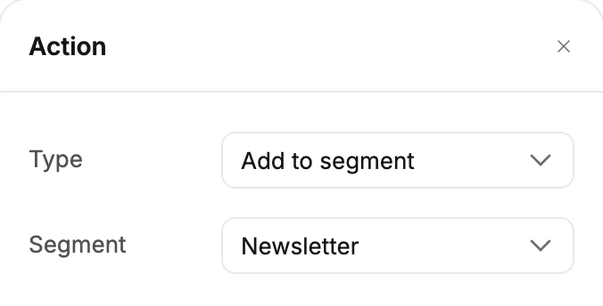 The Action panel with Type set to Add to segment and the Segment row reading Newsletter.