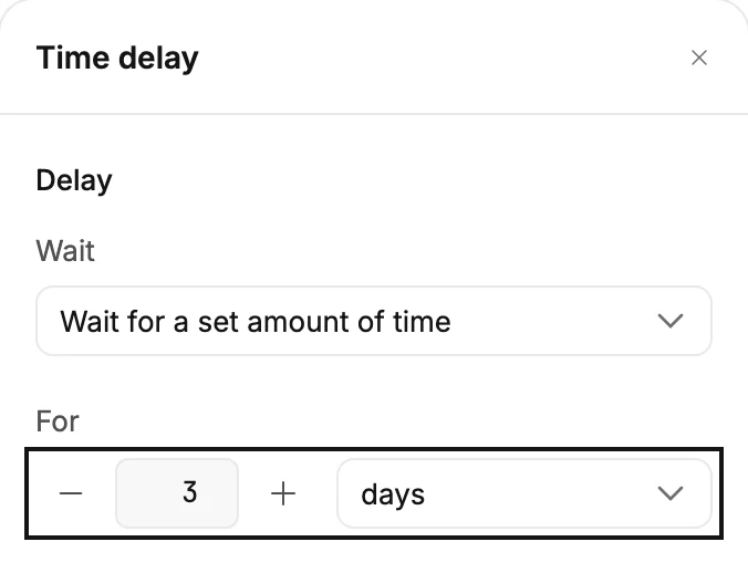 The Time delay panel with Wait set to Wait for a set amount of time and the For row ringed, reading 3 days.