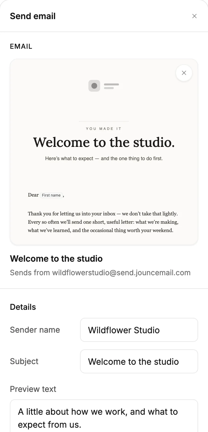 The Send email panel with the chosen email's picture at the top, its name, and the Sender name, Subject, and Preview text rows.