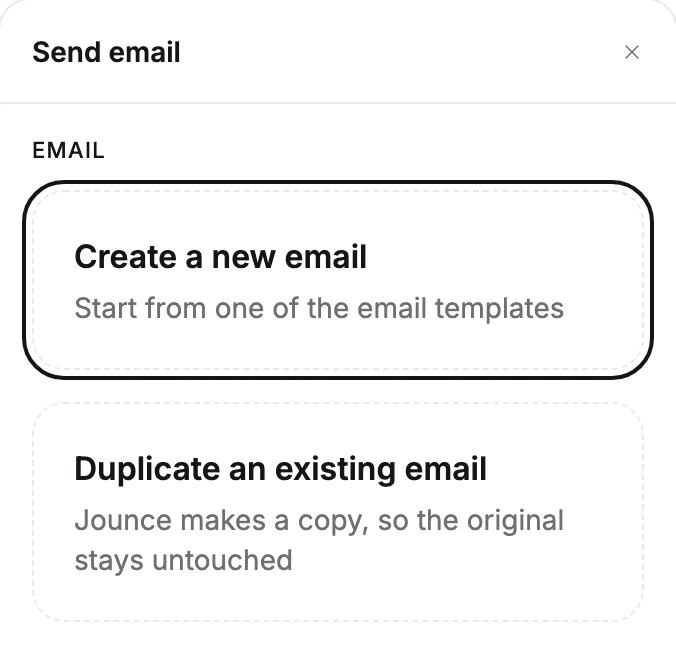 The Send email panel before an email is chosen. The Create a new email box is ringed, with Duplicate an existing email below it.