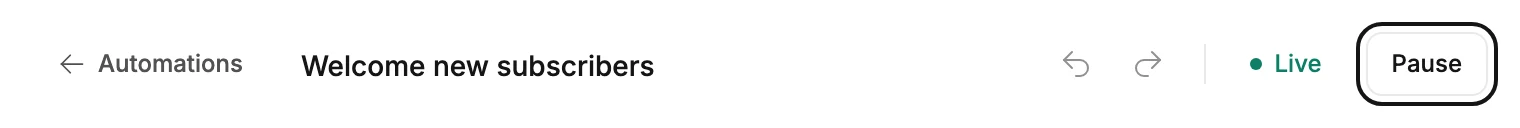 A live automation's top bar, with Undo, Redo, and the Live label before the Pause button, ringed at the right.