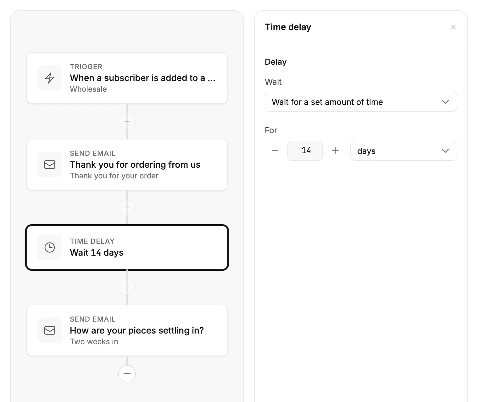 A Time delay card selected on the canvas, with its settings panel open on the right.