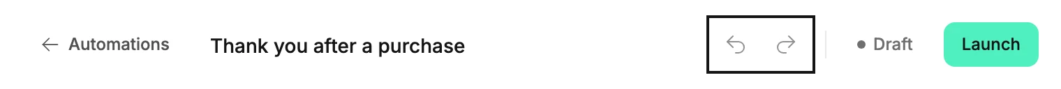 The top bar of an open automation, with the Undo and Redo arrows ringed beside the Draft label and Launch.