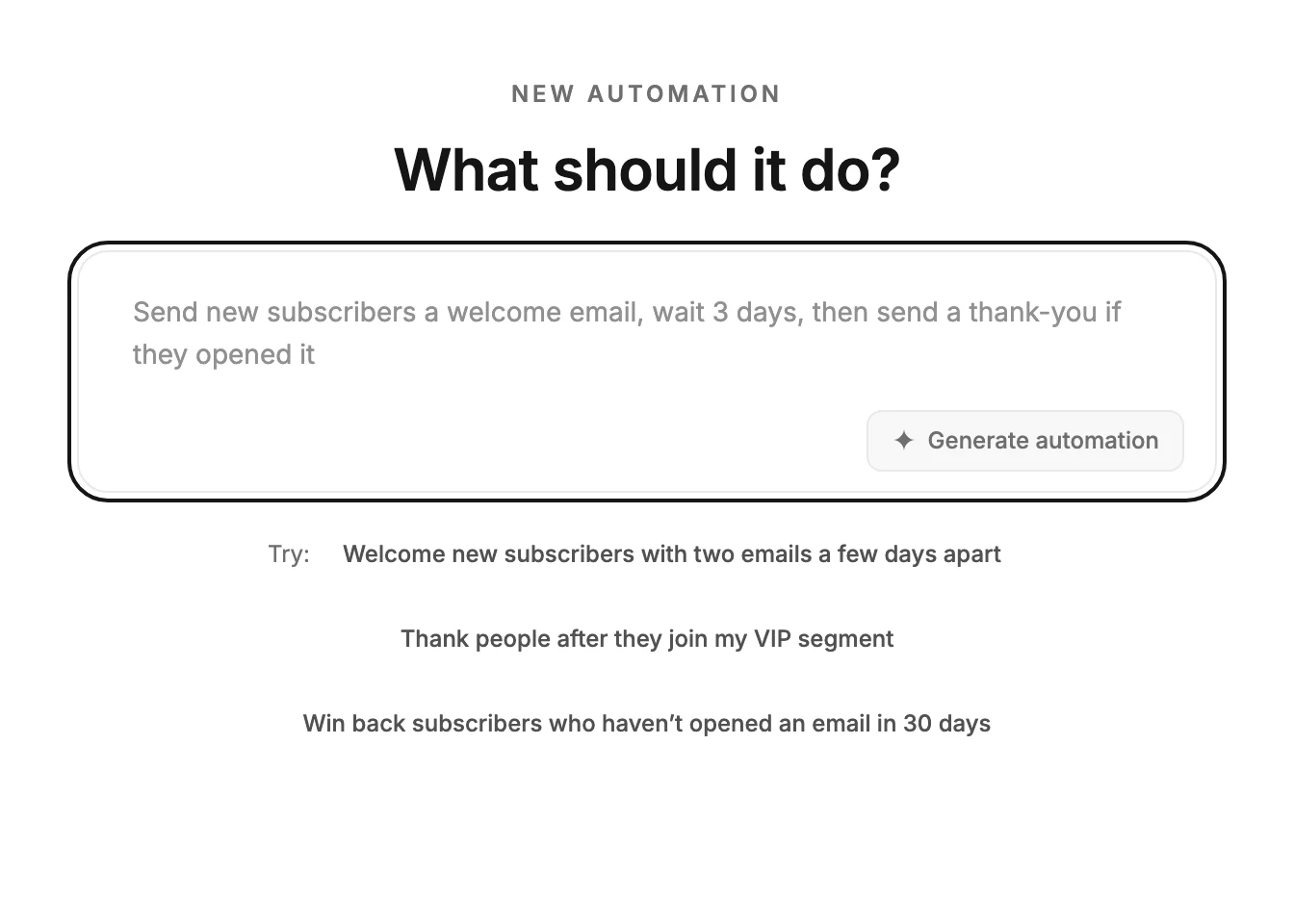 The What should it do? page, with the description box, the Generate automation button, and three example lines after Try.
