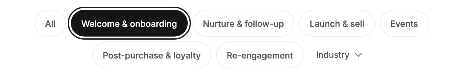 The goal buttons with Welcome & onboarding selected, and the Industry menu at the end of the row.