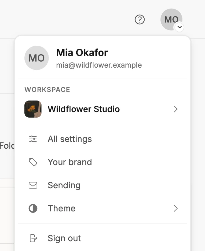 The account menu open under your avatar, from your name down to Sign out.