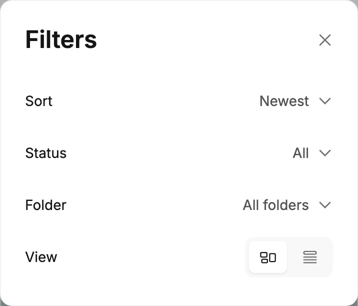 The Filters dialog on a phone, with Sort set to Newest, Status to All, Folder to All folders, and the two View buttons last.