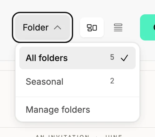 The Folder menu open above the Emails list, showing All folders, one folder with its count, and Manage folders.