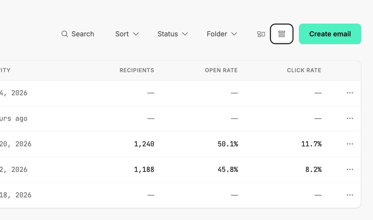 The Emails page as a list, with the List view button ringed beside Create email and the Recipients, Open rate, and Click rate columns.