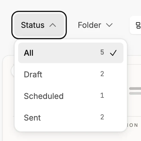 The Status menu open above the Emails list, with All, Draft, Scheduled, and Sent and a count beside each.