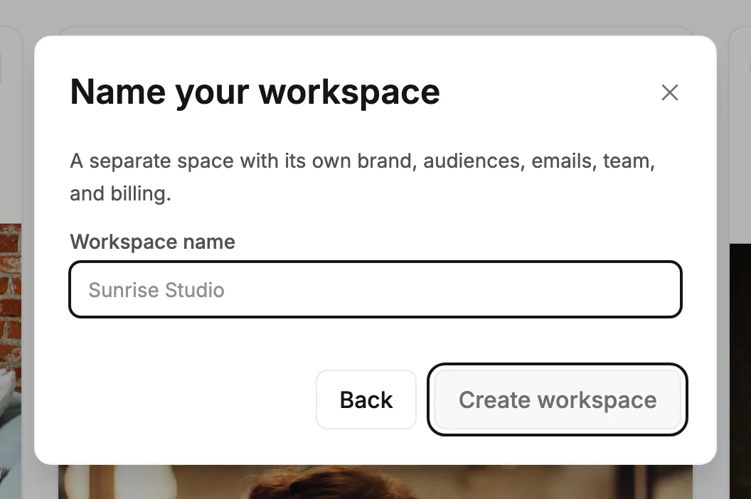 The Name your workspace step, with the name field and the Create workspace button ringed.