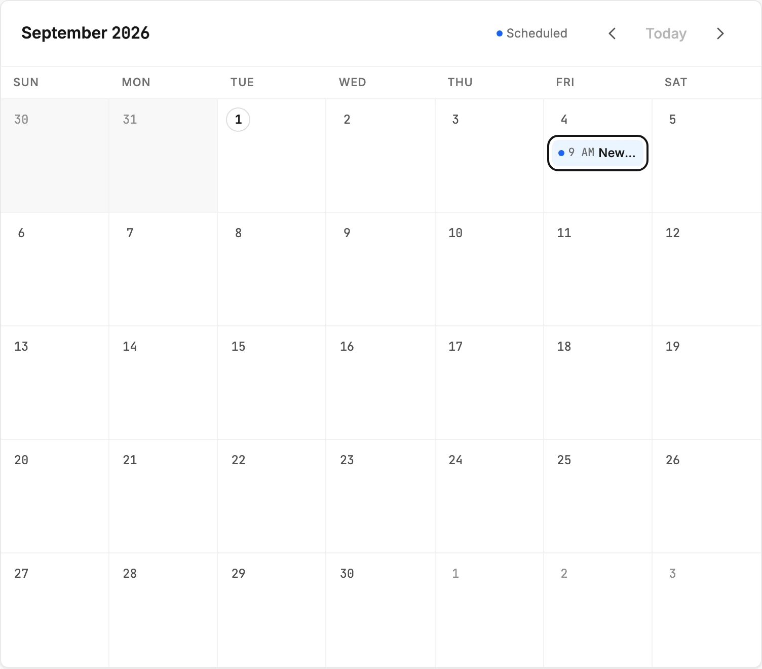 The Calendar tab showing a month, with a scheduled email ringed on its day and the legend above the grid.