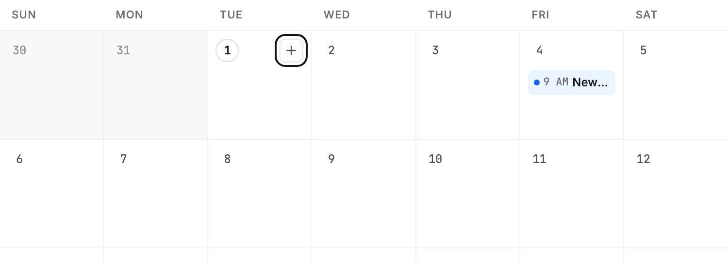 Two rows of the calendar, with the + on today's cell ringed and a scheduled email later in the week.