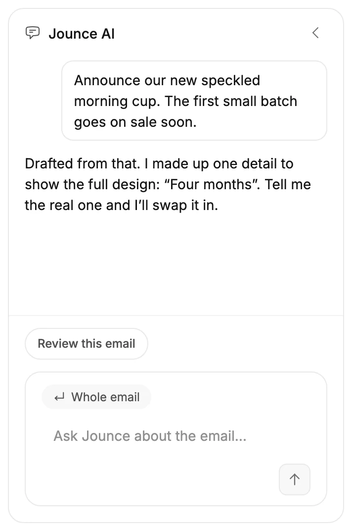 The Jounce AI chat on an AI draft, with your description as its first message and Jounce's reply naming the one detail it made up.