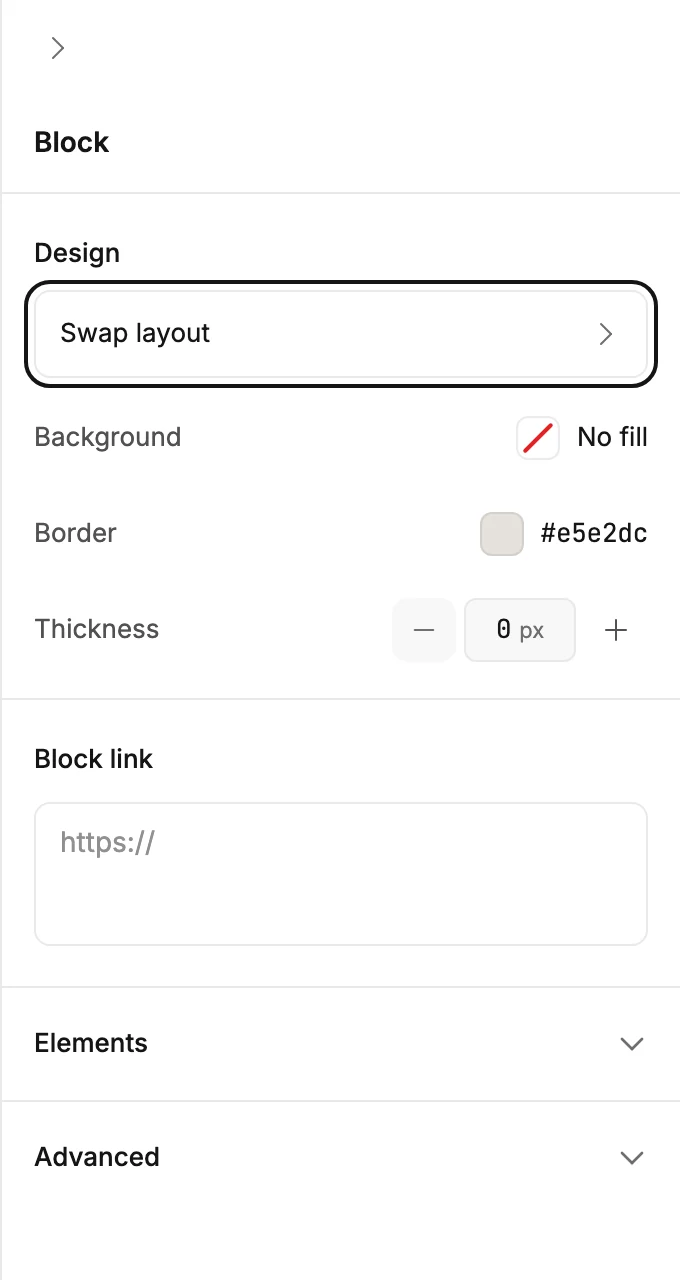 The Block panel for a selected layout, with Swap layout ringed above Background, Border, and Thickness.