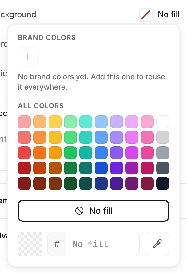 The color picker open beside a Background swatch, with Brand colors at the top, the All colors grid, No fill, and the hex box.