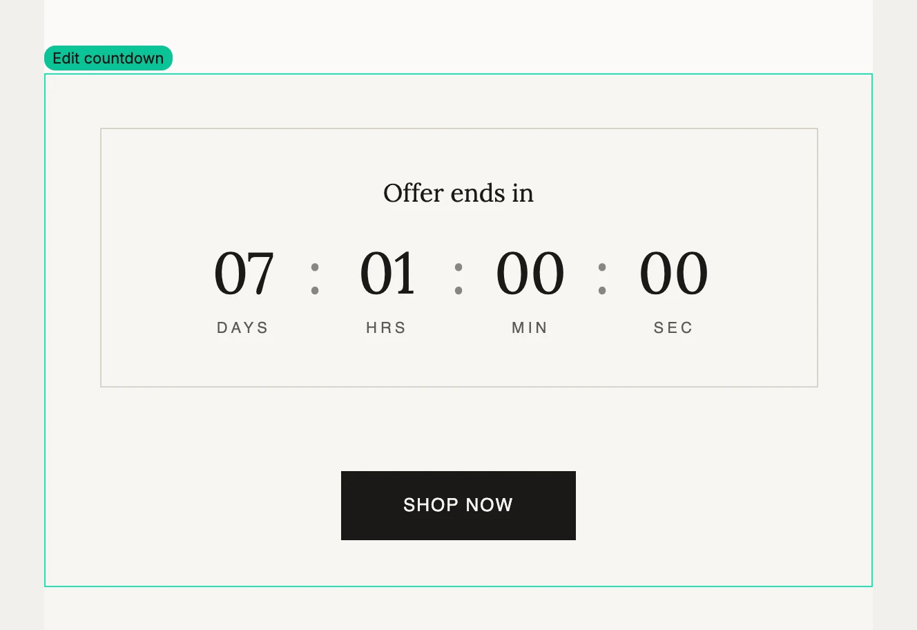 A countdown in the email showing days, hours, minutes, and seconds above a button, with the Edit countdown label above it.