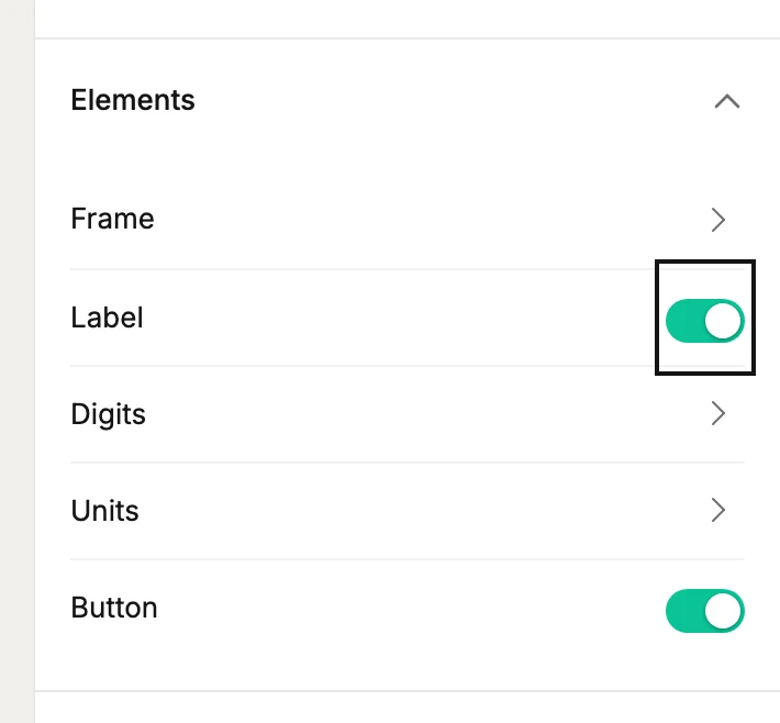 The Elements rows of the countdown panel, listing Frame, Label with a ringed switch, Digits, Units, and Button with its switch.